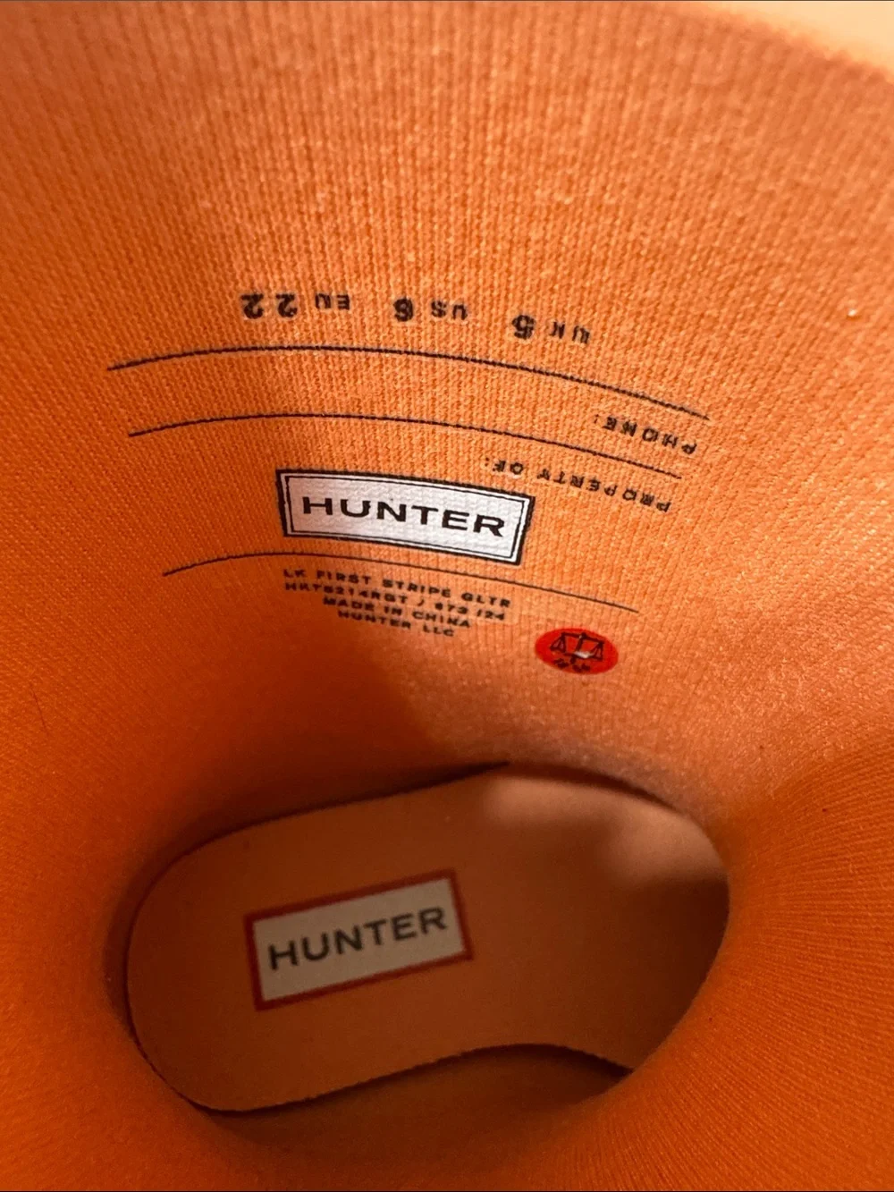 Hunter Classic Diagonal Stripe Giant Glitter Rain Boot Size 6 Optimistic Orange